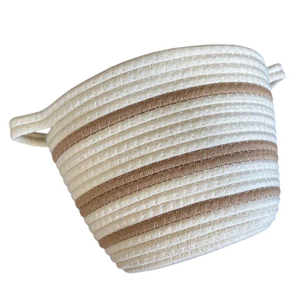 Decorative Storage Striped Cotton Rope Basket with Handles Cream & Tan